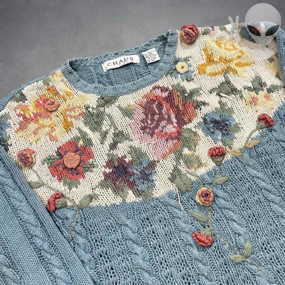 Vintage Chaus Womens Large Cable Knit Sweater 3D Rose Floral Grandmacore Blue - Picture 2 of 5